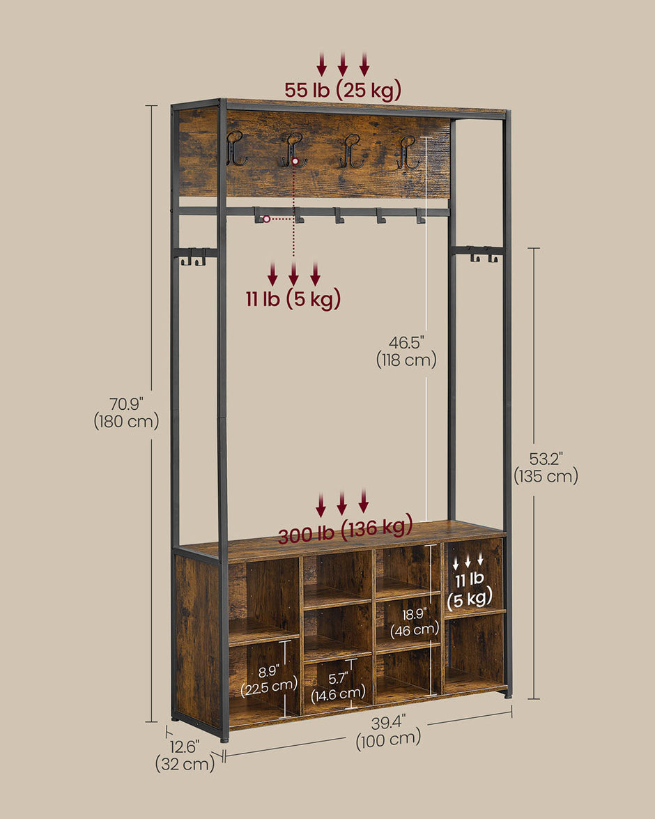 Hall Tree – Wood – Rustic Brown and Ink Black – Bench with Shoe Storage and Coat Rack