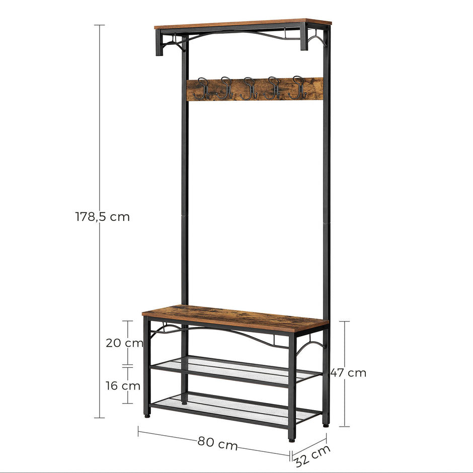 Hat and Coat Stand – Metal – Matte – Vintage Design with Shelves and Hooks