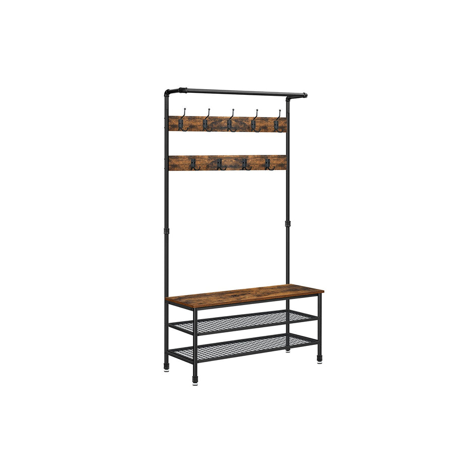 Hall Tree – Steel – Industrial Gray – Multifunctional with 9 Hooks and Shoe Rack