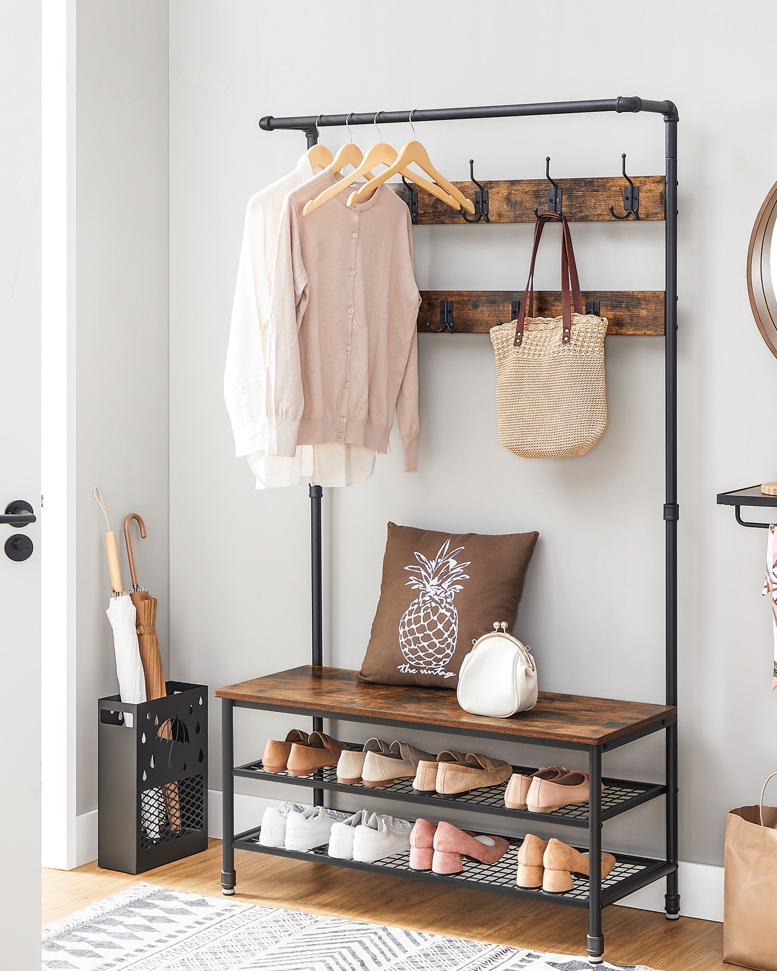 Hall Tree – Steel – Industrial Gray – Multifunctional with 9 Hooks and Shoe Rack