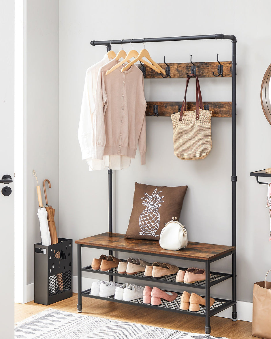 Hall Tree – Steel – Industrial Gray – Multifunctional with 9 Hooks and Shoe Rack