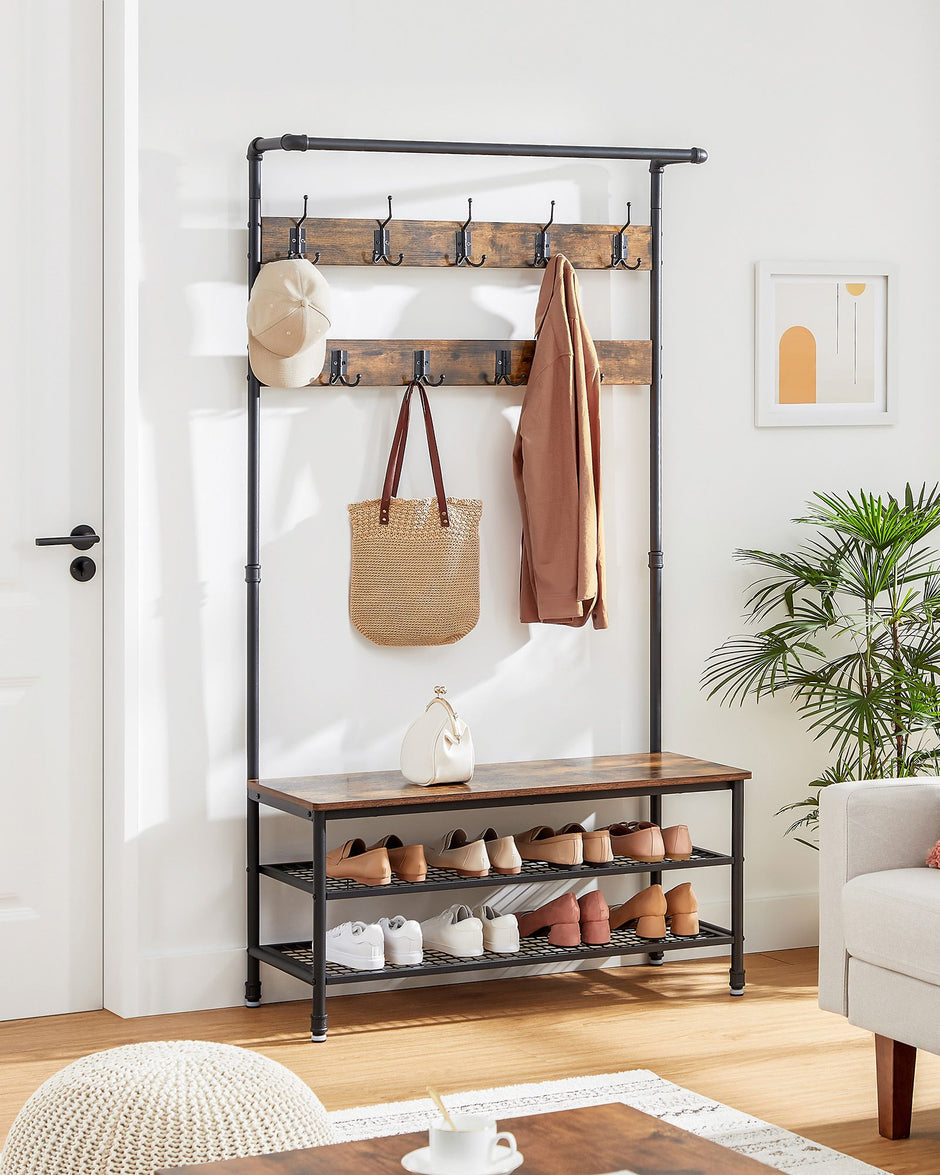 Hall Tree – Steel – Industrial Gray – Multifunctional with 9 Hooks and Shoe Rack
