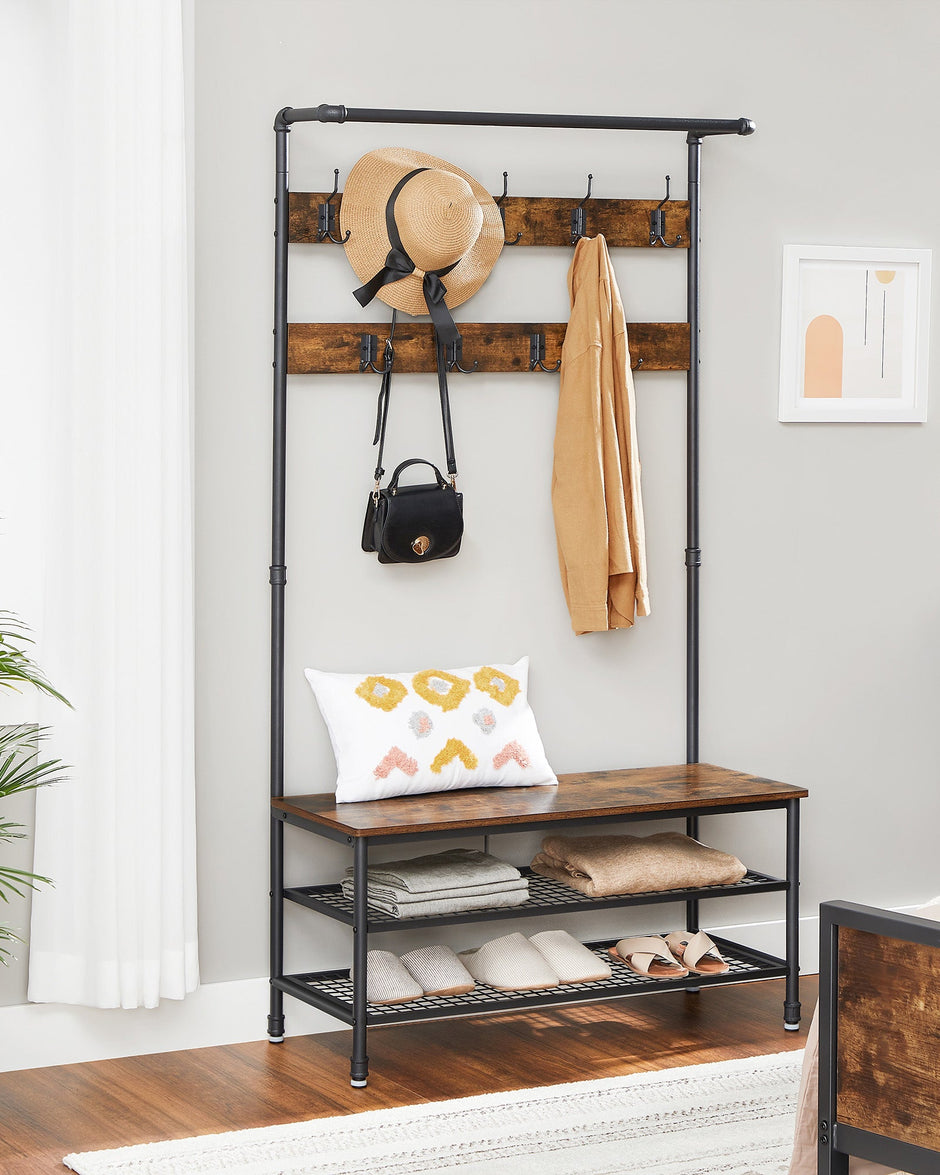 Hall Tree – Steel – Industrial Gray – Multifunctional with 9 Hooks and Shoe Rack