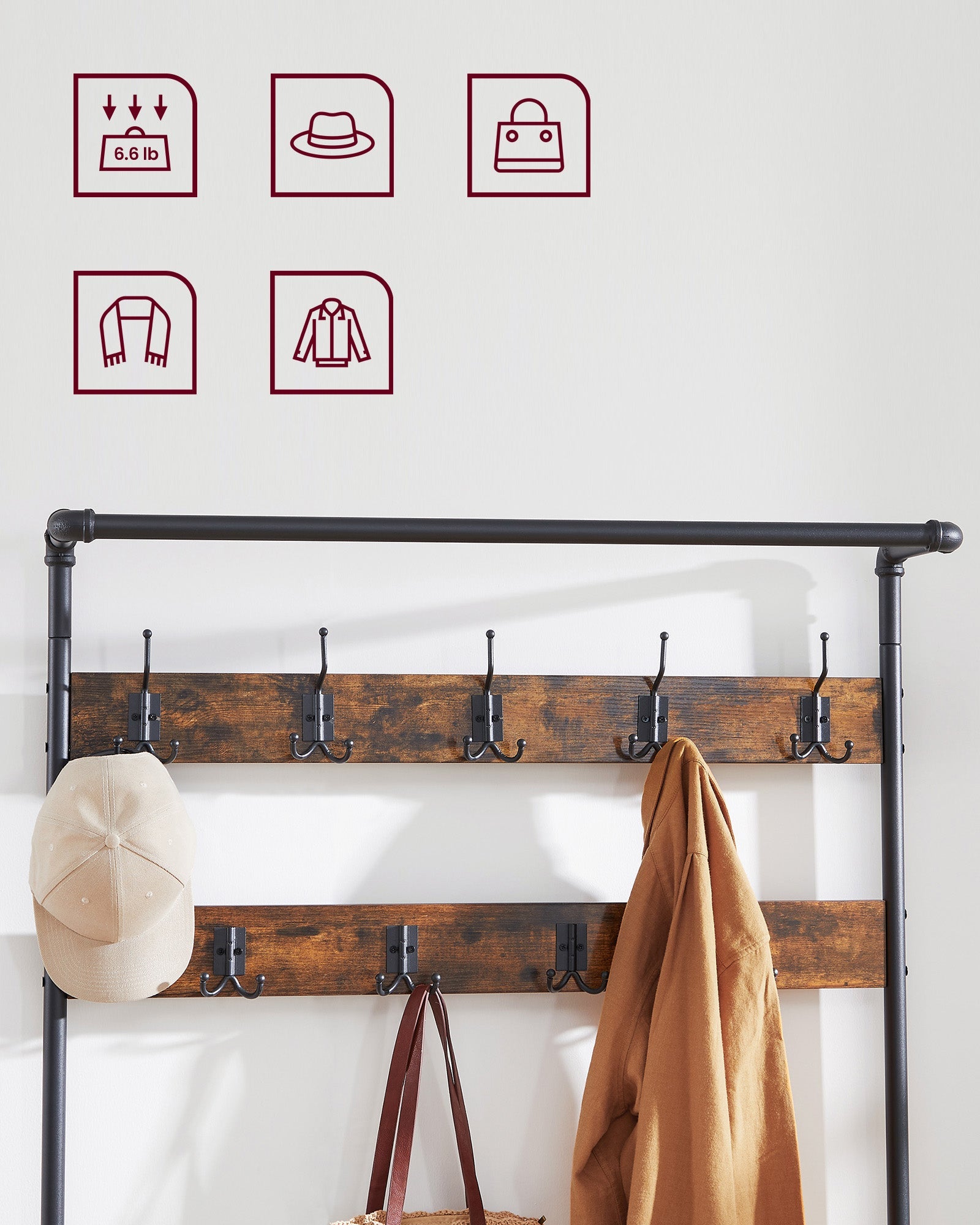 Hall Tree – Steel – Industrial Gray – Multifunctional with 9 Hooks and Shoe Rack