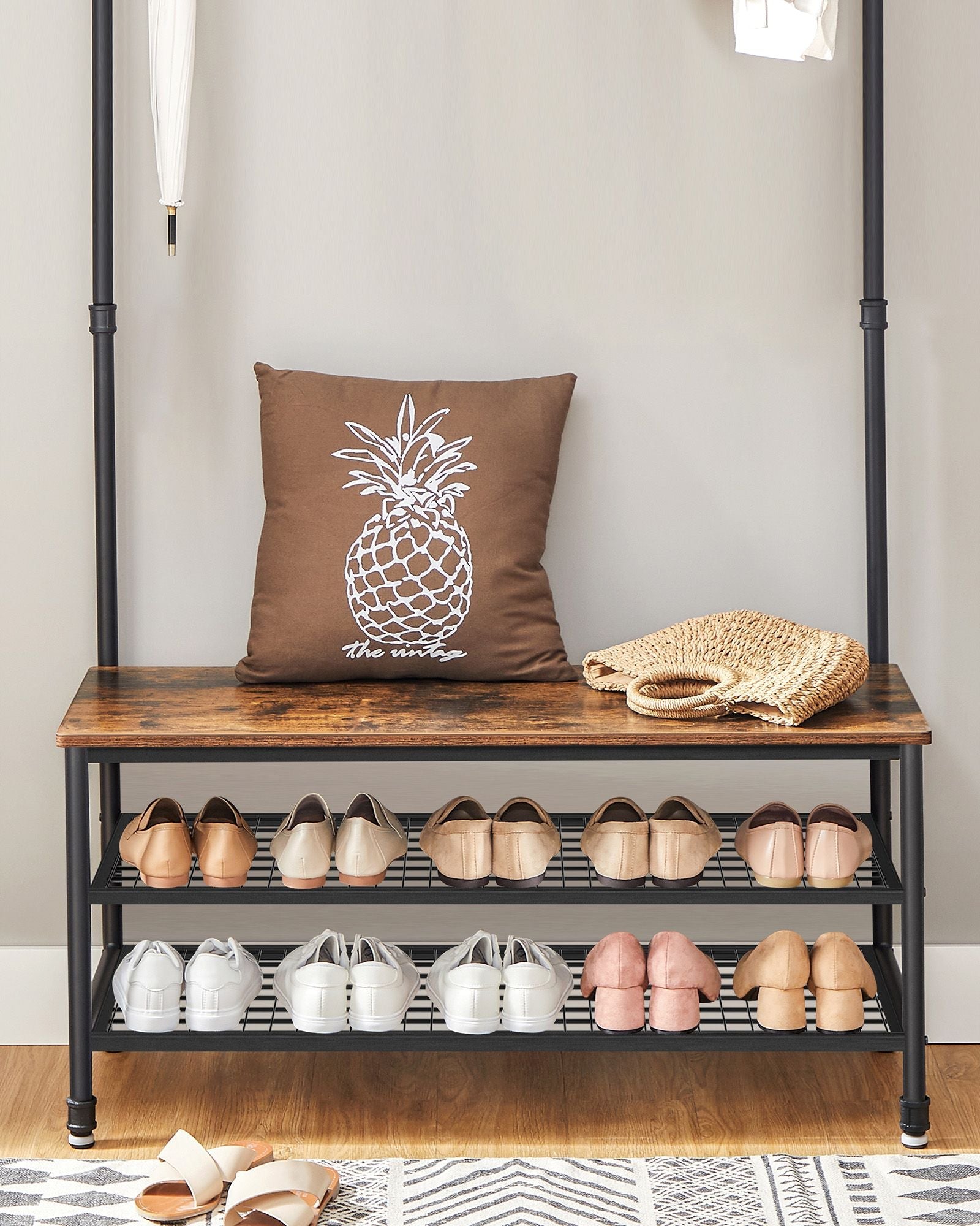 Hall Tree – Steel – Industrial Gray – Multifunctional with 9 Hooks and Shoe Rack