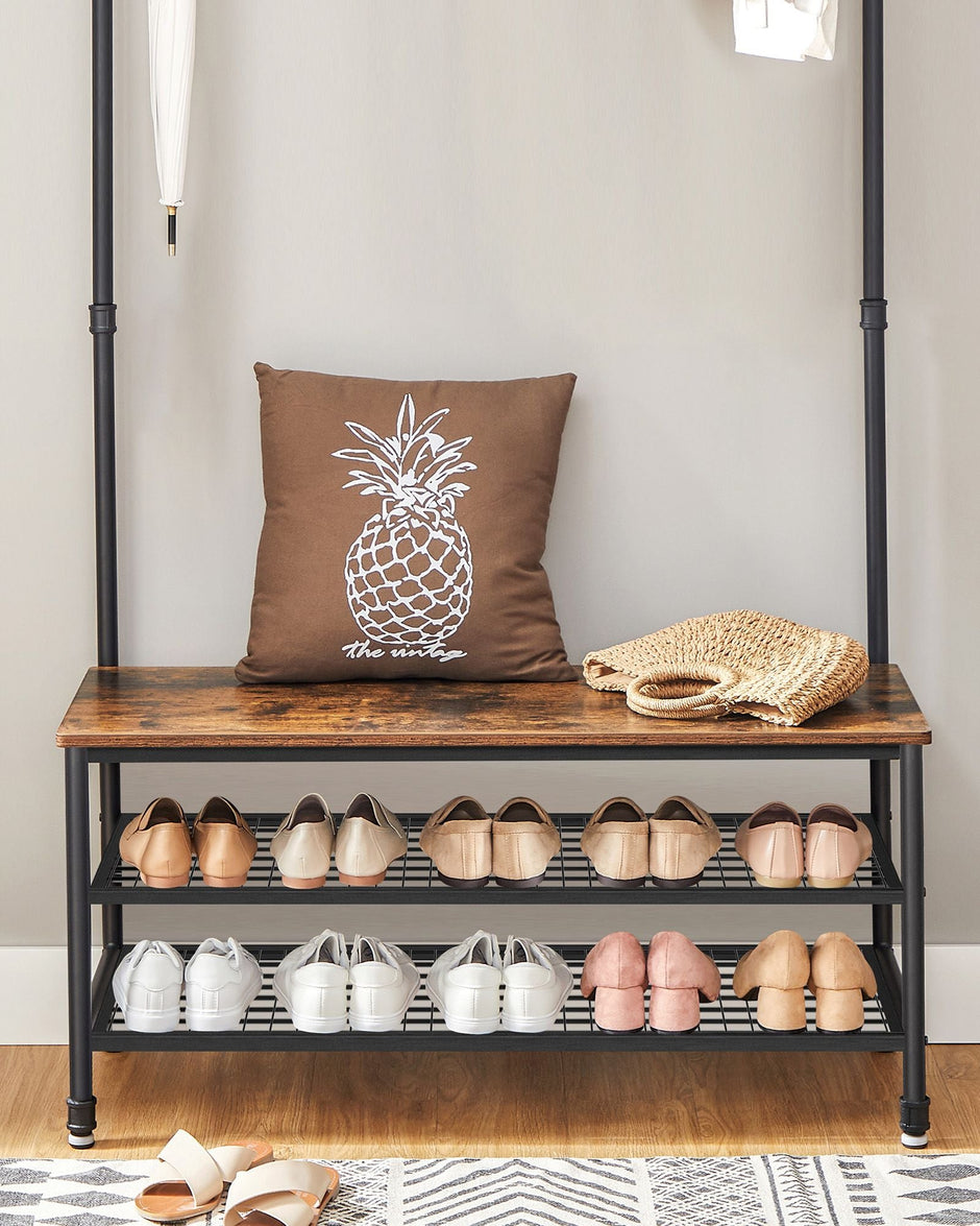 Hall Tree – Steel – Industrial Gray – Multifunctional with 9 Hooks and Shoe Rack