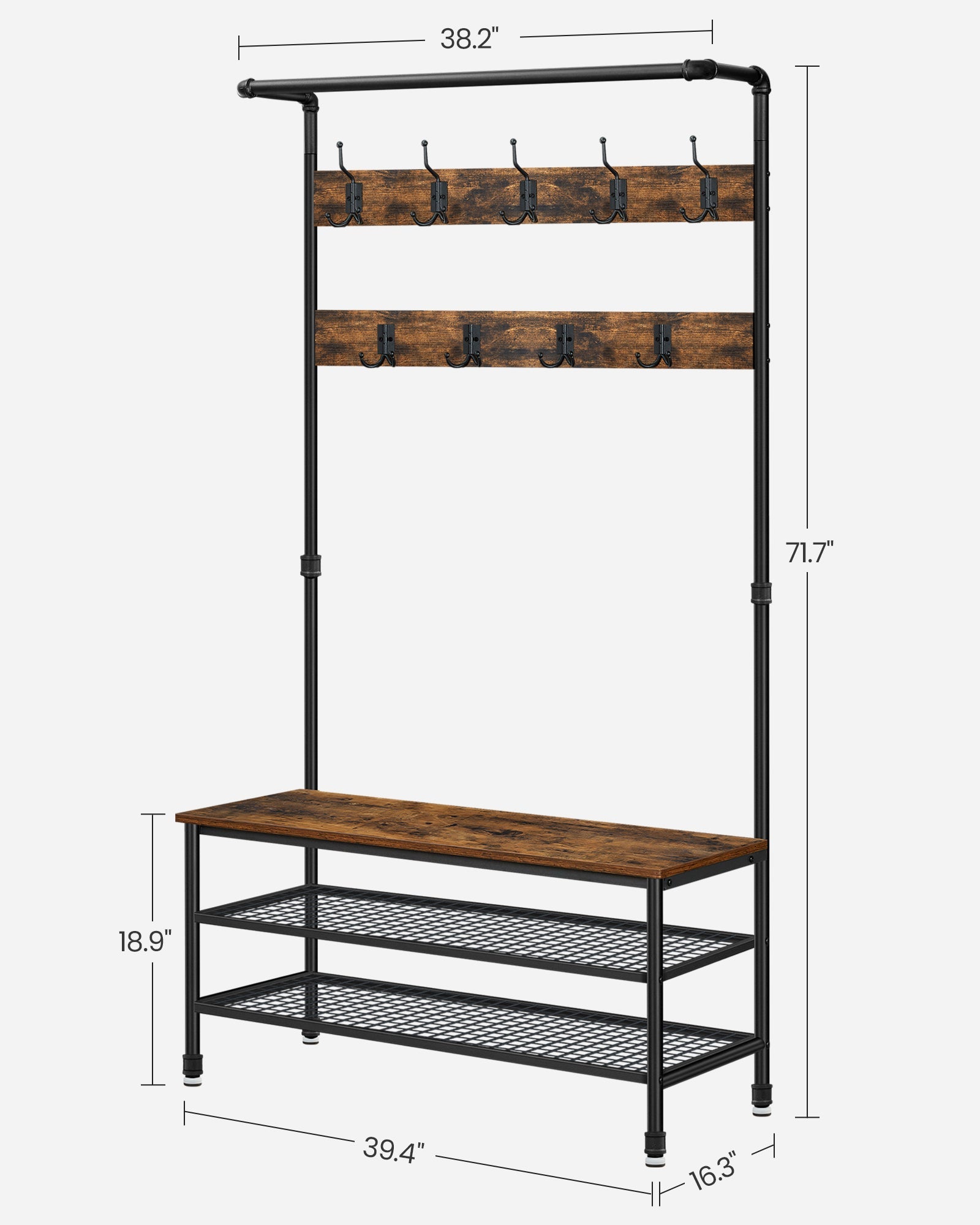 Hall Tree – Steel – Industrial Gray – Multifunctional with 9 Hooks and Shoe Rack