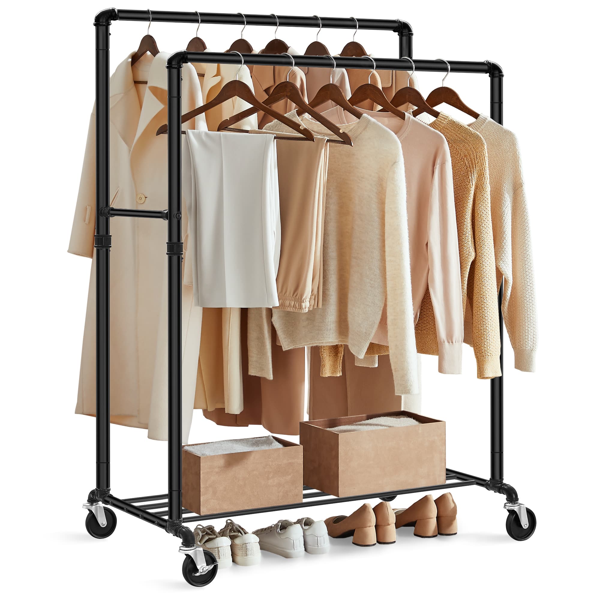 Industrial Pipe Clothes Rack – Heavy Duty Metal – Black – Double Hanging Rail with Shelf, Mobile Design, Maximum Load 110 Kg