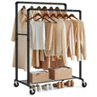 Industrial Pipe Clothes Rack – Heavy Duty Metal – Black – Double Hanging Rail with Shelf, Mobile Design, Maximum Load 110 Kg