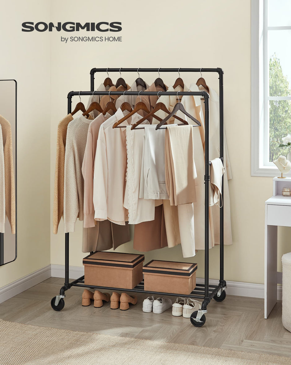 Industrial Pipe Clothes Rack – Heavy Duty Metal – Black – Double Hanging Rail with Shelf, Mobile Design, Maximum Load 110 Kg