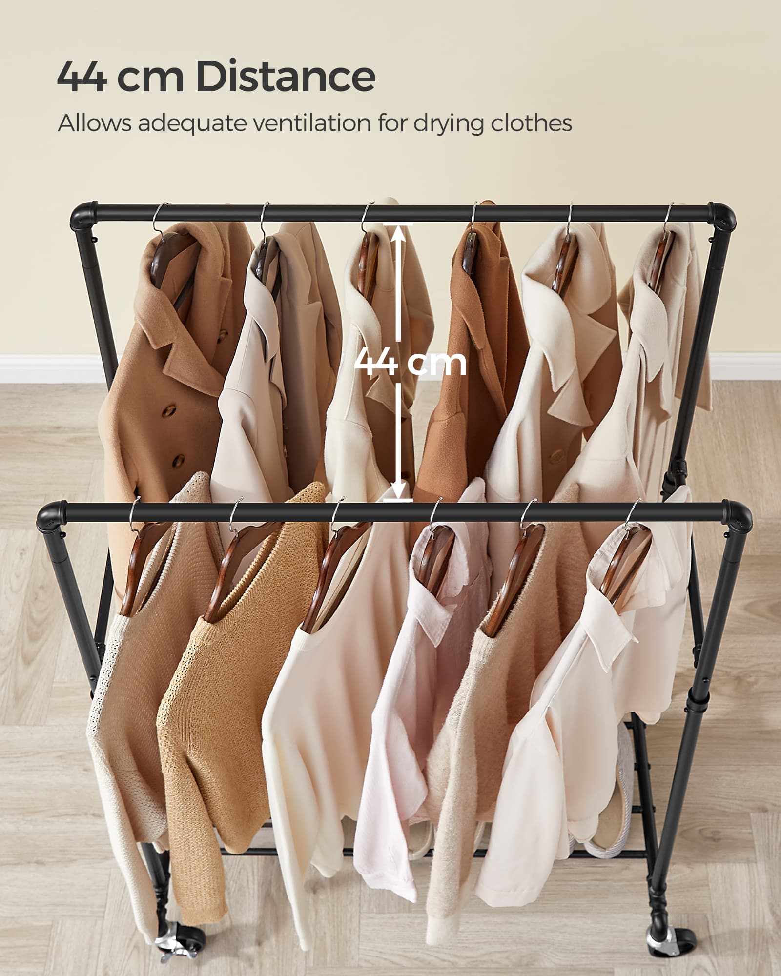 Industrial Pipe Clothes Rack – Heavy Duty Metal – Black – Double Hanging Rail with Shelf, Mobile Design, Maximum Load 110 Kg