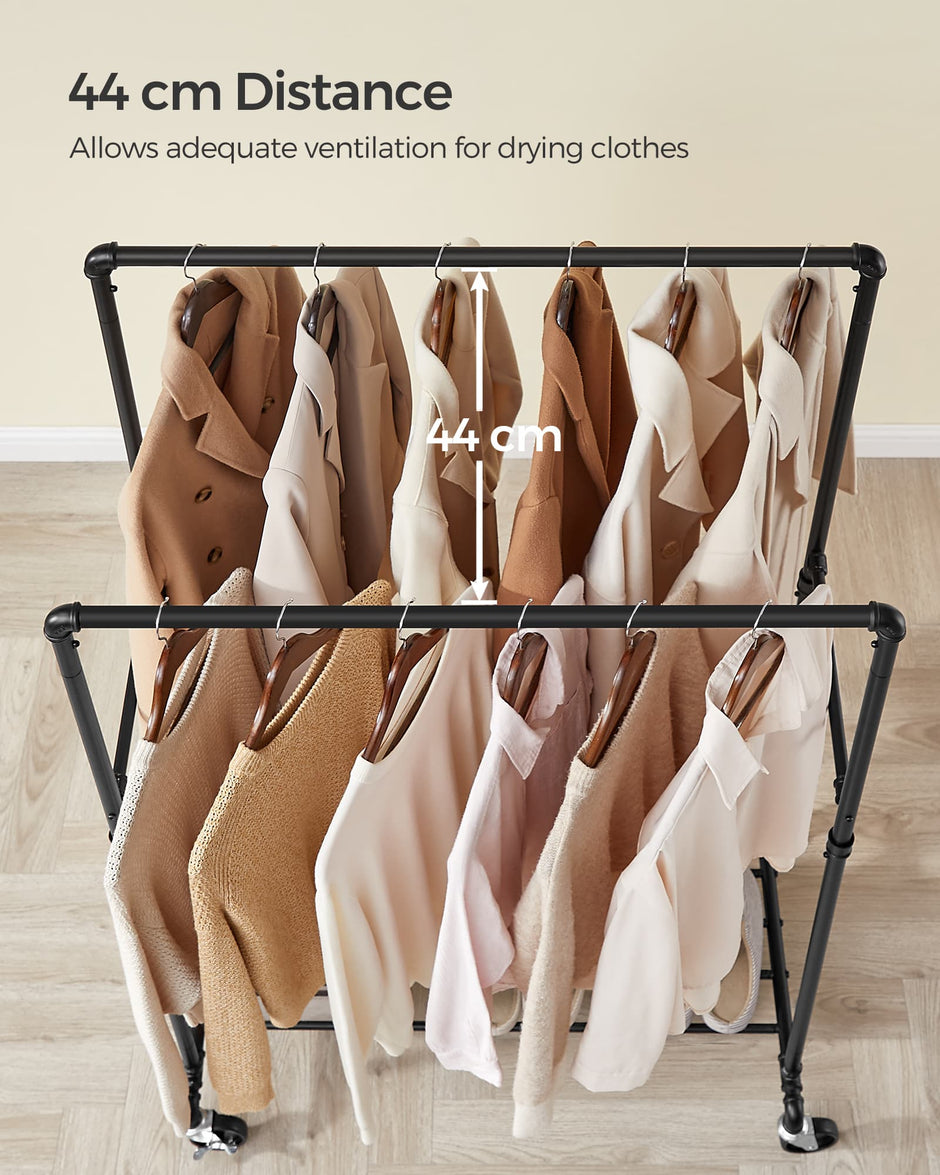 Industrial Pipe Clothes Rack – Heavy Duty Metal – Black – Double Hanging Rail with Shelf, Mobile Design, Maximum Load 110 Kg