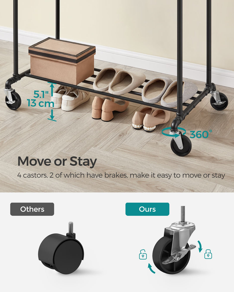 Industrial Pipe Clothes Rack – Heavy Duty Metal – Black – Double Hanging Rail with Shelf, Mobile Design, Maximum Load 110 Kg