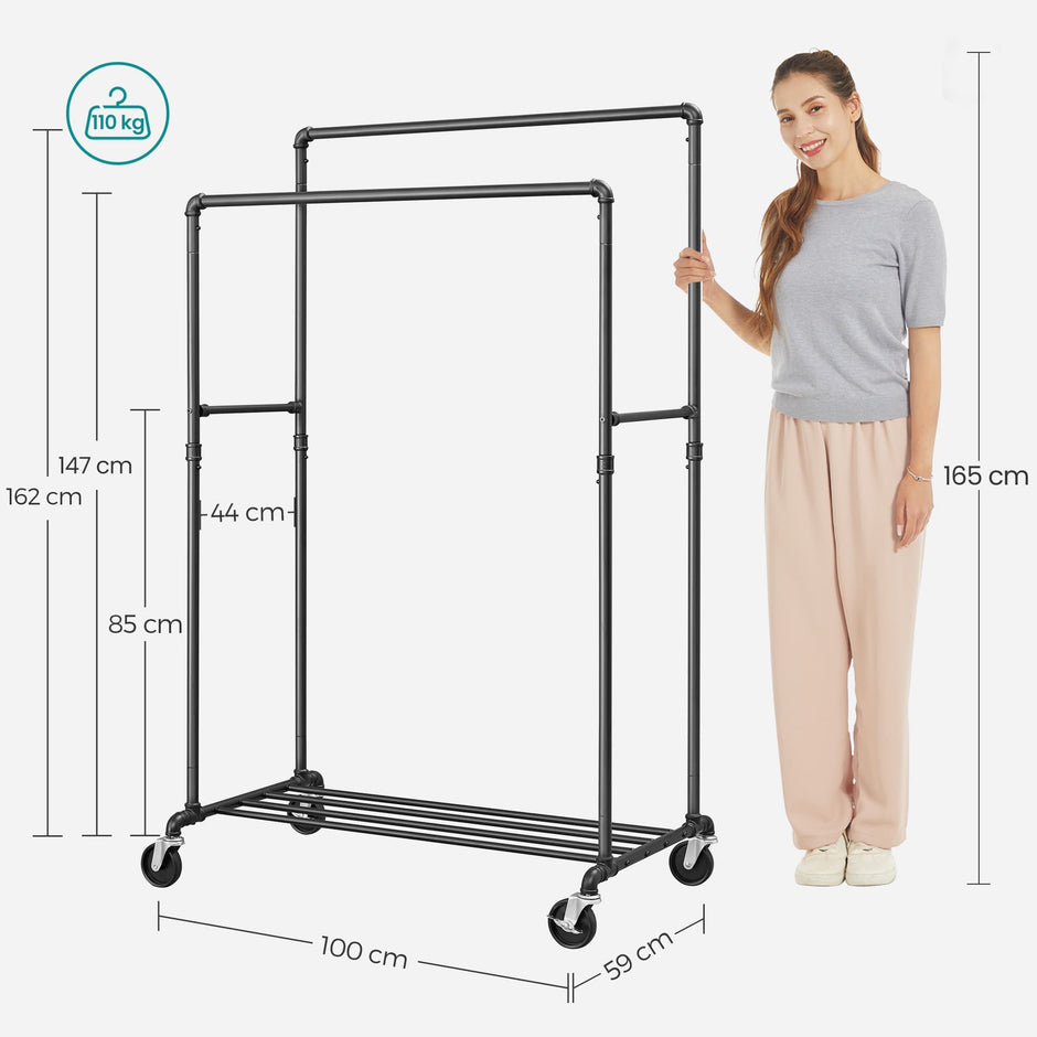 Industrial Pipe Clothes Rack – Heavy Duty Metal – Black – Double Hanging Rail with Shelf, Mobile Design, Maximum Load 110 Kg