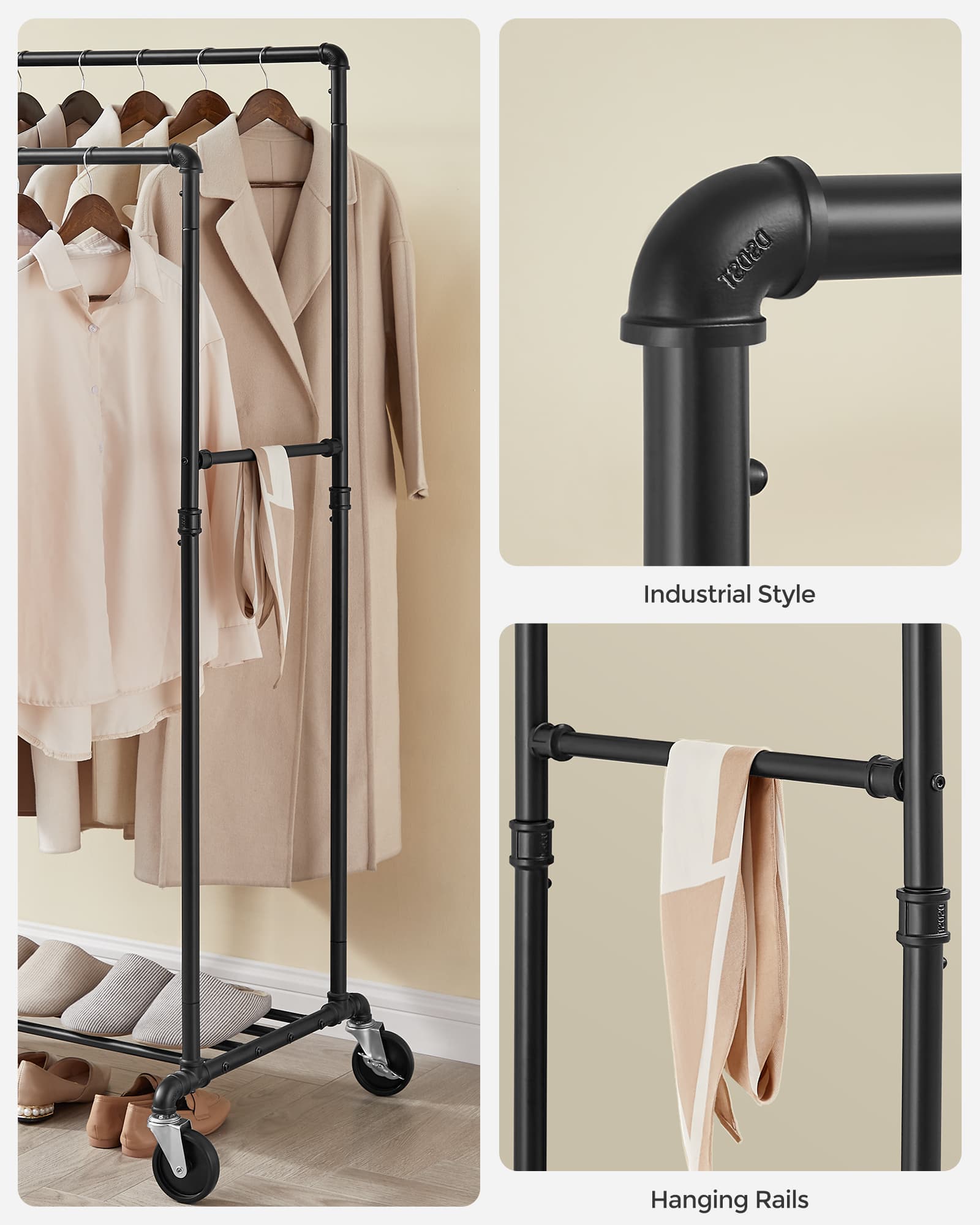 Industrial Pipe Clothes Rack – Heavy Duty Metal – Black – Double Hanging Rail with Shelf, Mobile Design, Maximum Load 110 Kg