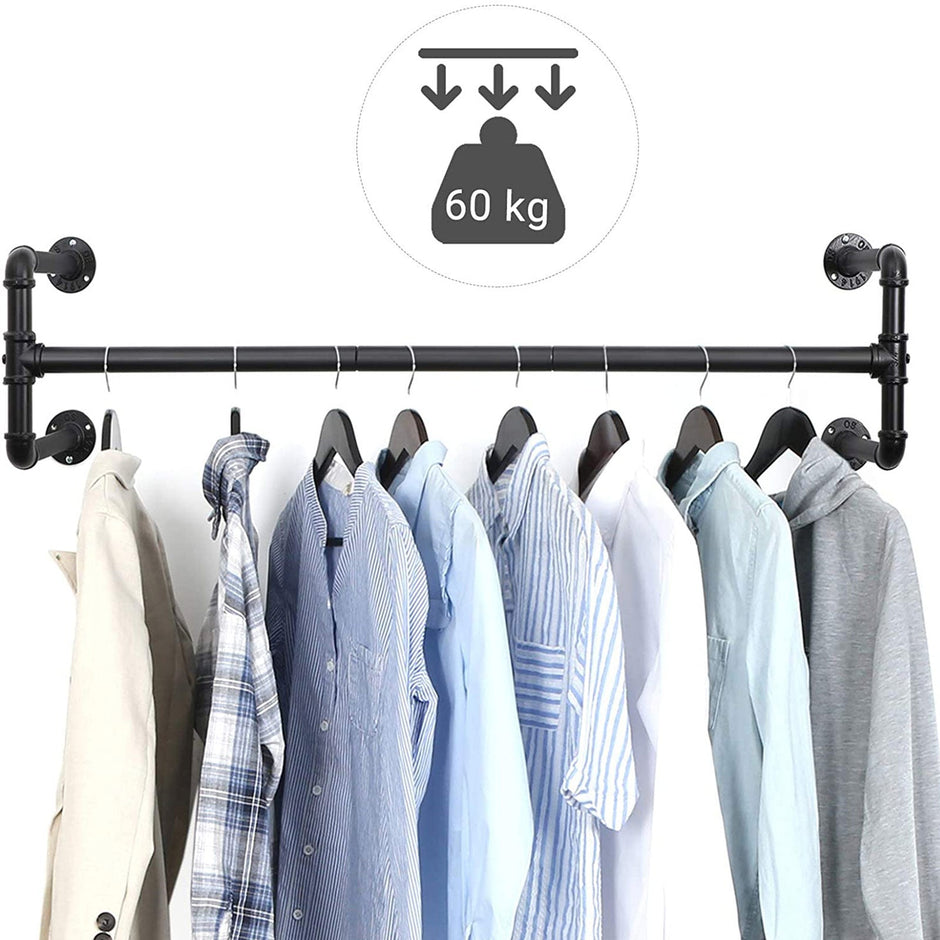 Wall-Mounted Clothes Rack – Metal – Black – Industrial Pipe Design, Space-Saving, Holds up to 60 kg