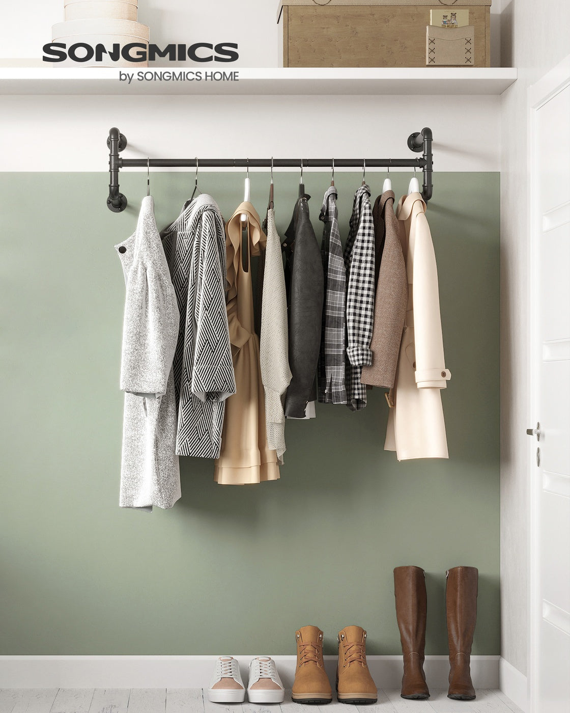 Wall-Mounted Clothes Rack – Metal – Black – Industrial Pipe Design, Space-Saving, Easy Assembly, 60 kg Capacity