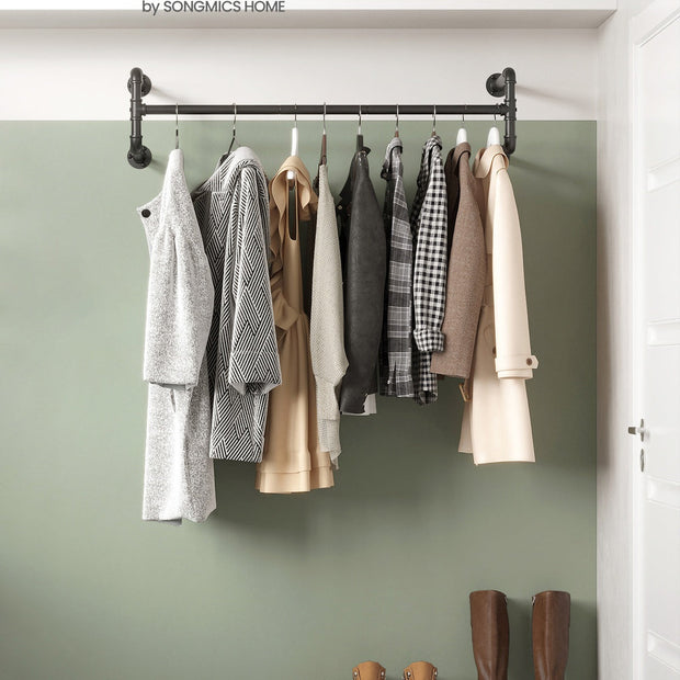 Wall-Mounted Clothes Rack – Metal – Black – Industrial Pipe Design, Space-Saving, Easy Assembly, 60 kg Capacity