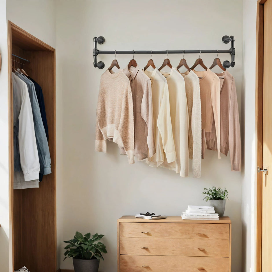 Set of 2 Wall-Mounted Garment Hanging Bars – Metal – Black – Industrial Design, Space-Saving for Small Rooms