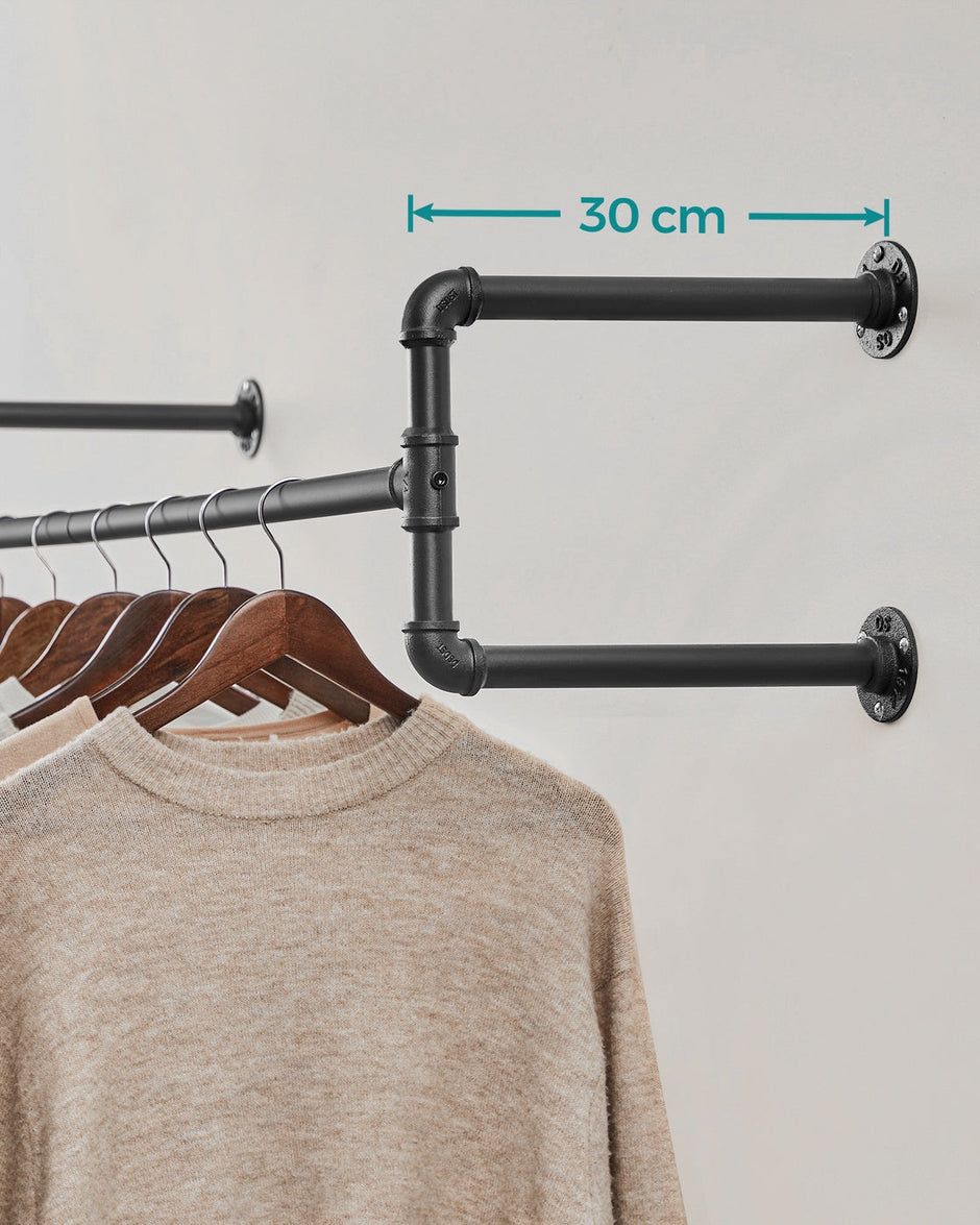 Wall-Mounted Clothes Rack – Metal – Black – Industrial Pipe Design, Space-Saving, Easy Assembly, 60 kg Capacity