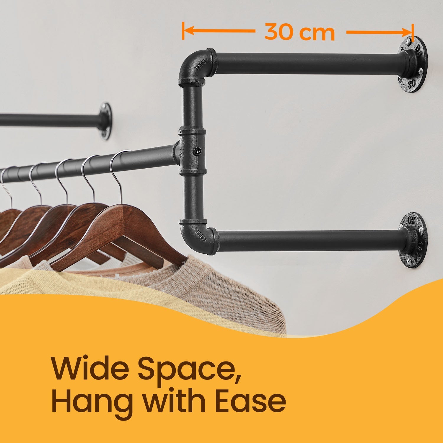 Set of 2 Wall-Mounted Garment Hanging Bars – Metal – Black – Industrial Design, Space-Saving for Small Rooms