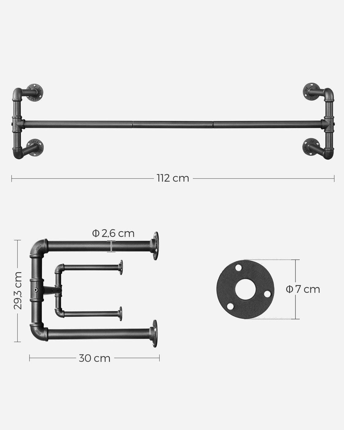 Wall-Mounted Clothes Rack – Metal – Black – Industrial Pipe Design, Space-Saving, Easy Assembly, 60 kg Capacity