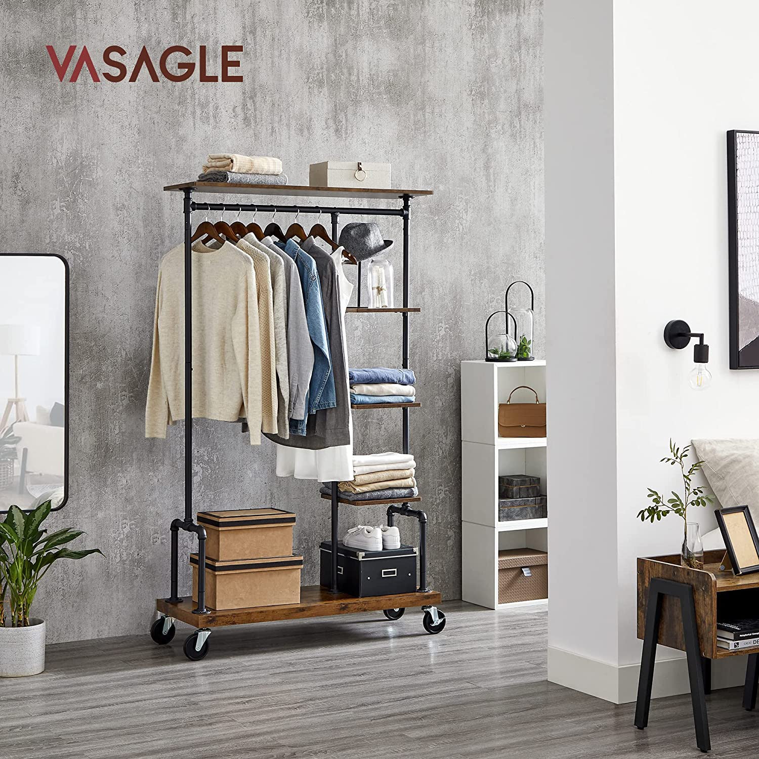 5-Tier Rolling Garment Organiser – Metal Frame – Brown and Black – Versatile Clothes Storage Rack for Laundry Room and Bedroom