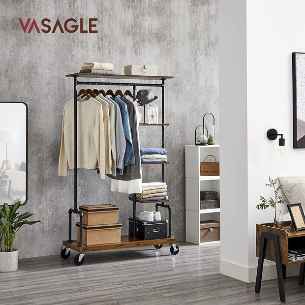 5-Tier Rolling Garment Organiser – Metal Frame – Brown and Black – Versatile Clothes Storage Rack for Laundry Room and Bedroom