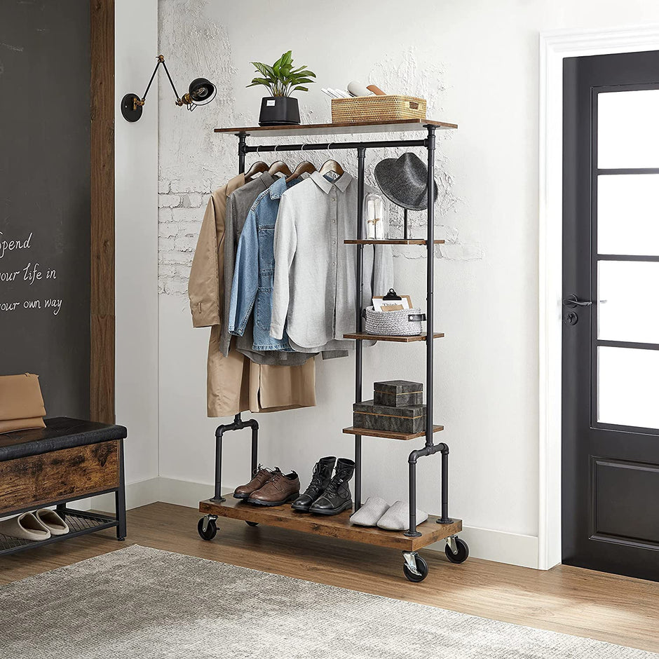 5-Tier Rolling Garment Organiser – Metal Frame – Brown and Black – Versatile Clothes Storage Rack for Laundry Room and Bedroom