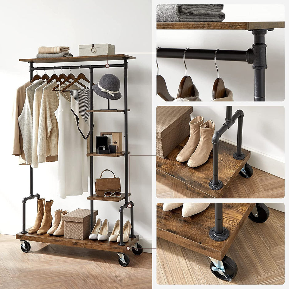 5-Tier Rolling Garment Organiser – Metal Frame – Brown and Black – Versatile Clothes Storage Rack for Laundry Room and Bedroom