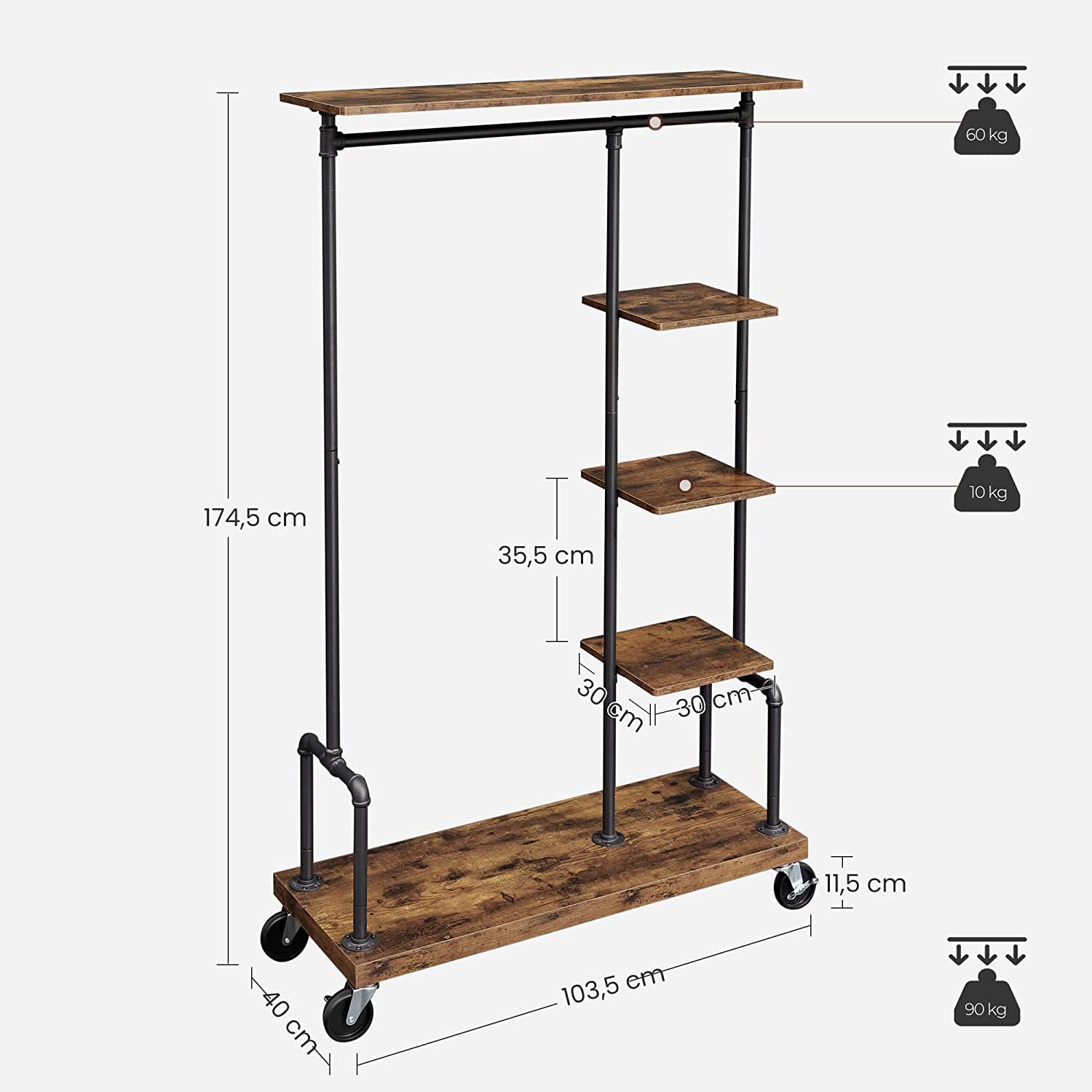 5-Tier Rolling Garment Organiser – Metal Frame – Brown and Black – Versatile Clothes Storage Rack for Laundry Room and Bedroom