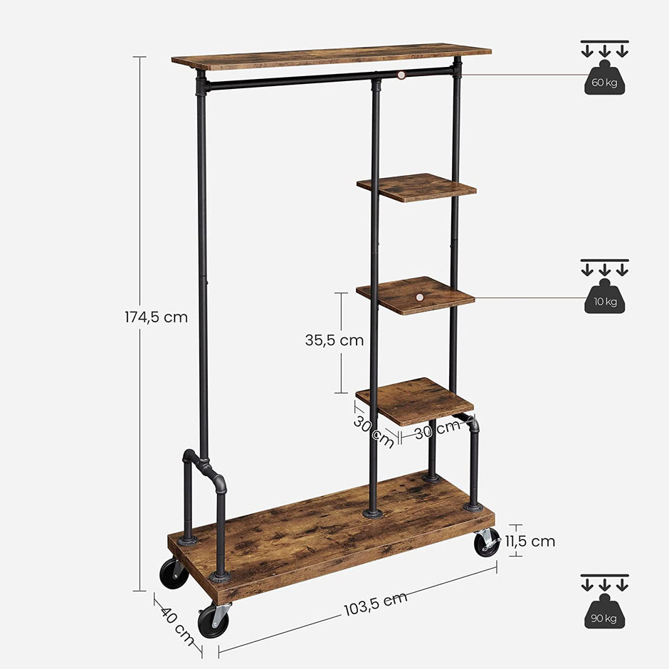 5-Tier Rolling Garment Organiser – Metal Frame – Brown and Black – Versatile Clothes Storage Rack for Laundry Room and Bedroom
