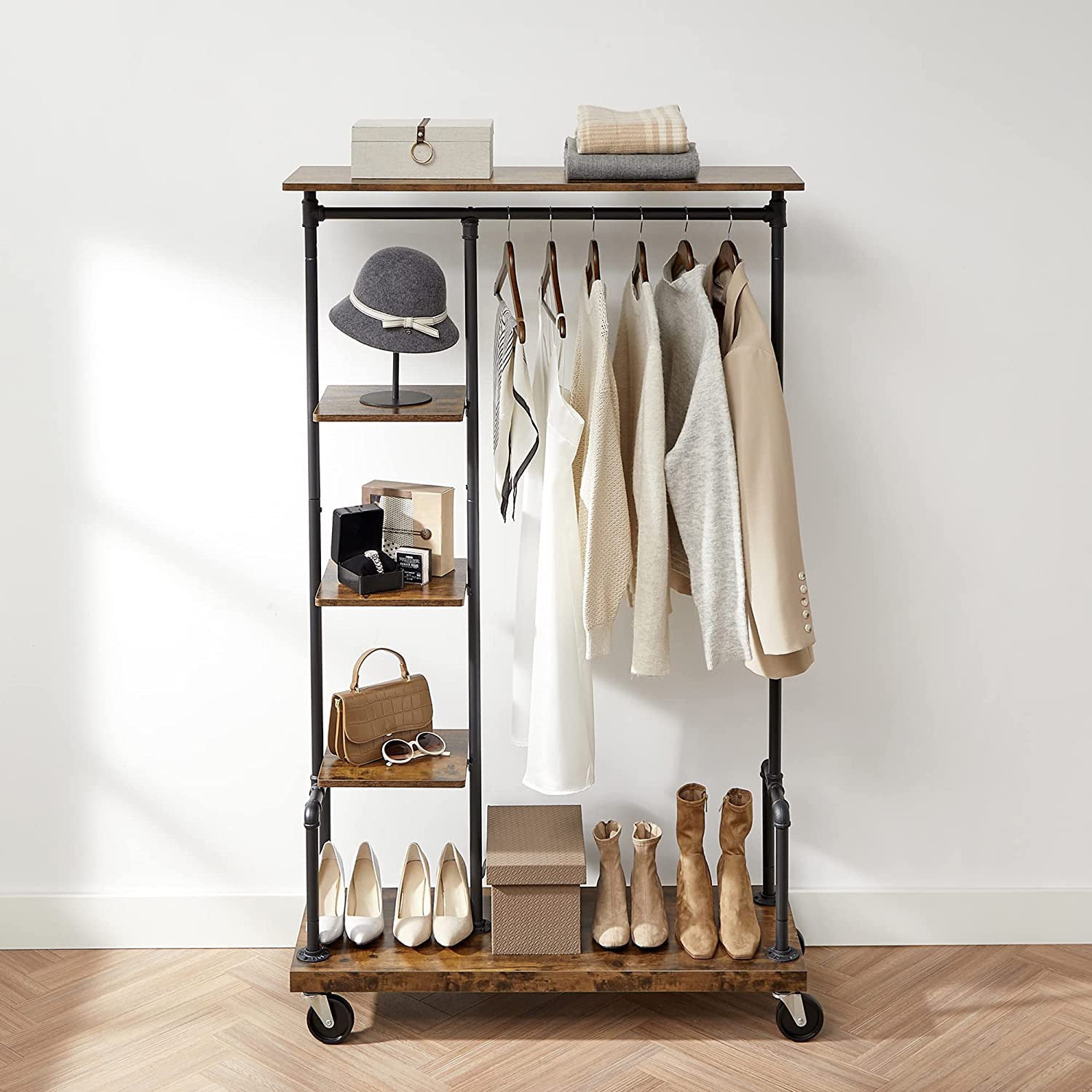 5-Tier Rolling Garment Organiser – Metal Frame – Brown and Black – Versatile Clothes Storage Rack for Laundry Room and Bedroom