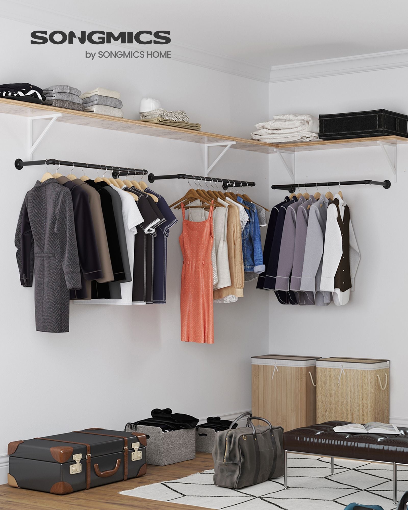 Wall-Mounted Clothes Rack Set – Metal – Black – Industrial Pipe Design, Space-Saving, 50 kg Capacity Each