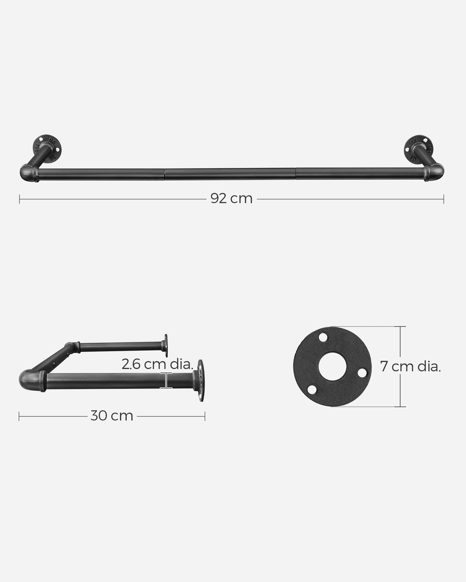 Wall-Mounted Clothes Rack Set – Metal – Black – Industrial Pipe Design, Space-Saving, 50 kg Capacity Each