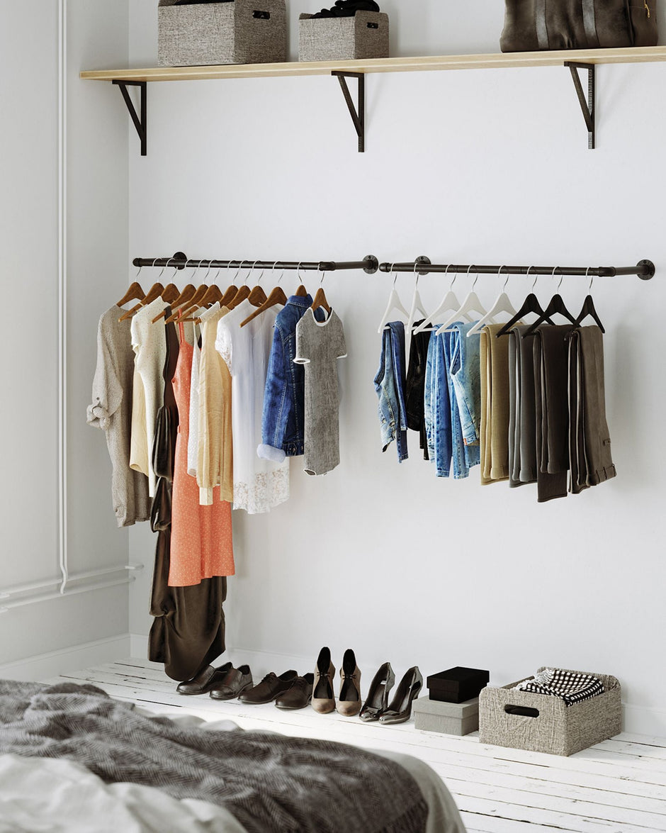 Wall-Mounted Clothes Rack Set – Metal – Black – Industrial Pipe Design, Space-Saving, 50 kg Capacity Each