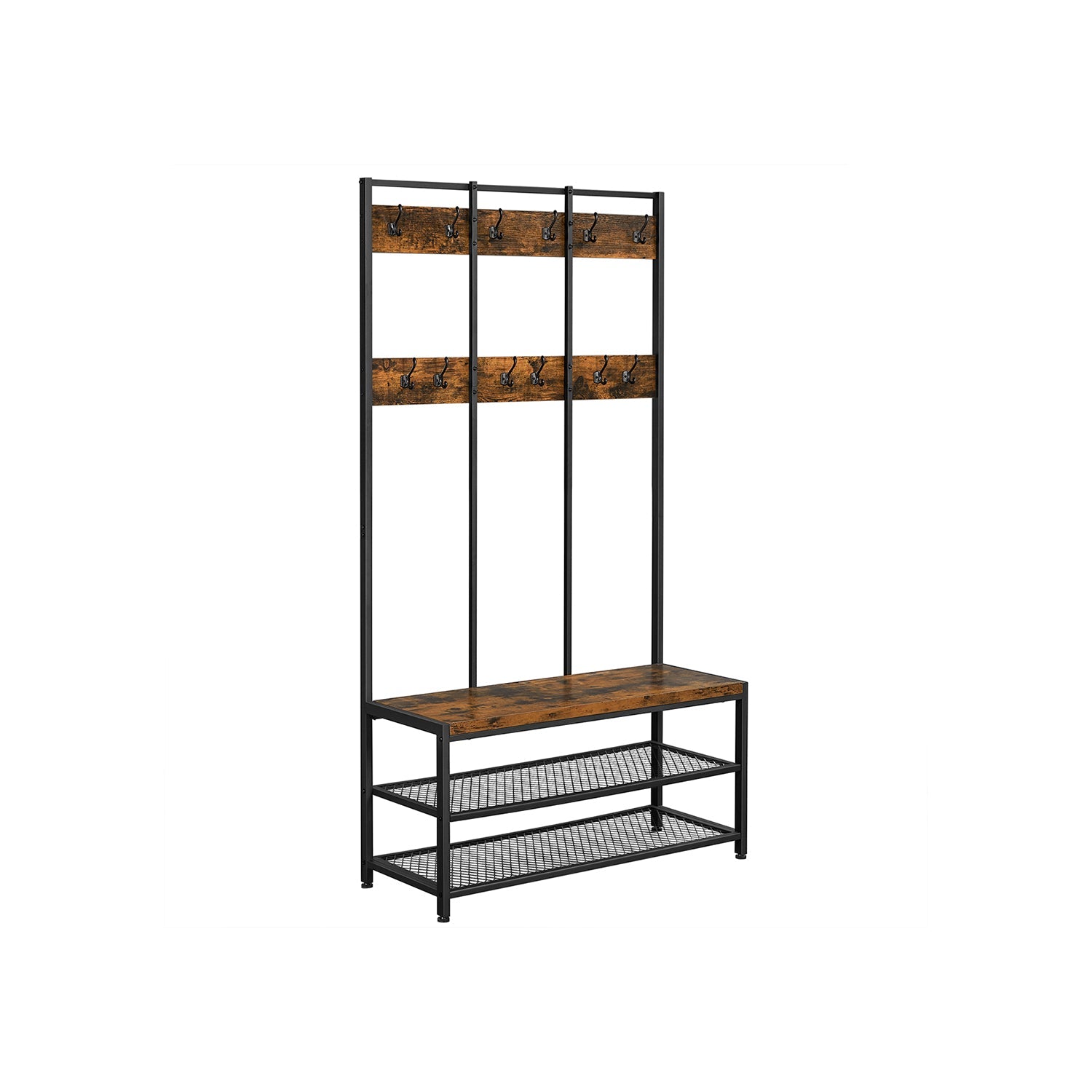 Large Coat Rack Stand – Iron – Industrial Design – 12 Hooks and Shoe Bench