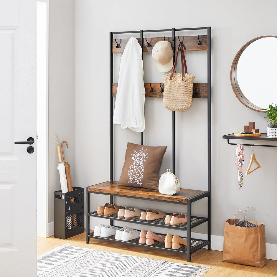 Large Coat Rack Stand – Iron – Industrial Design – 12 Hooks and Shoe Bench