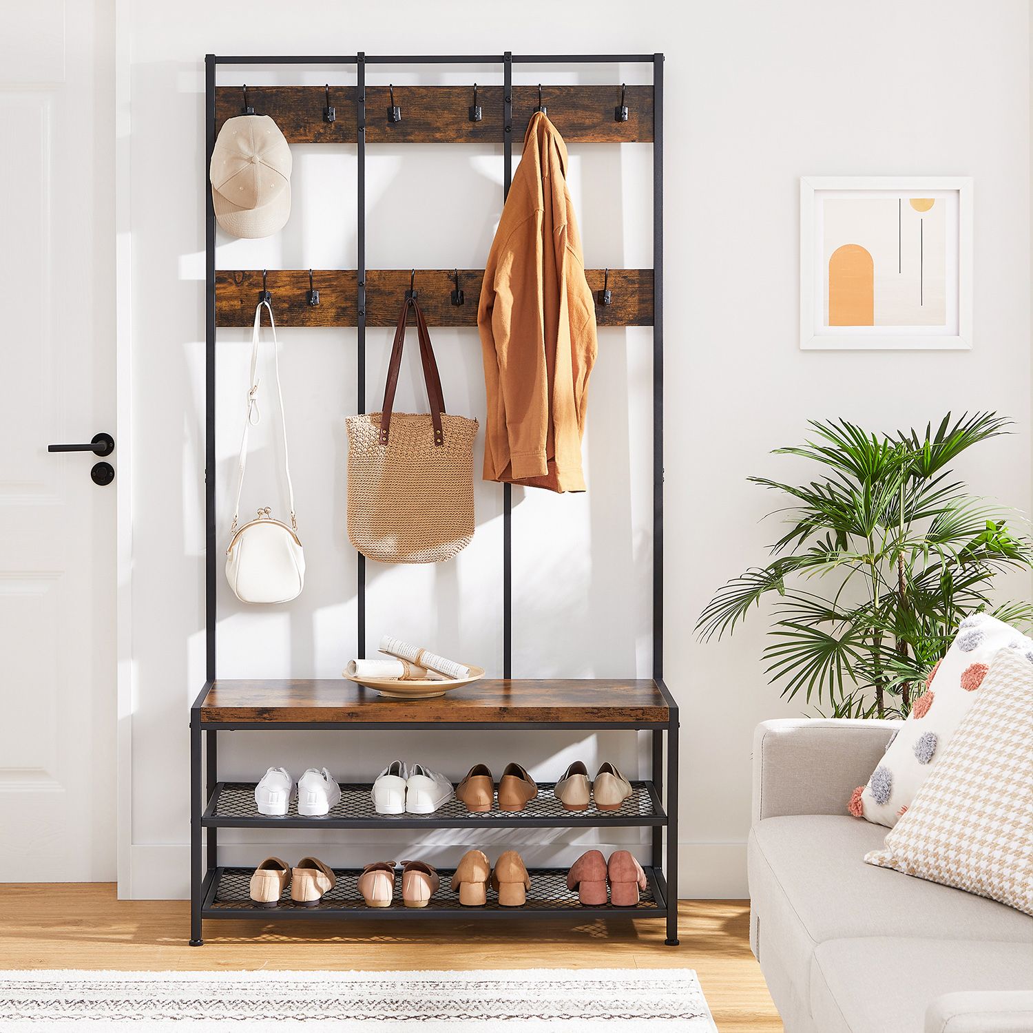 Large Coat Rack Stand – Iron – Industrial Design – 12 Hooks and Shoe Bench