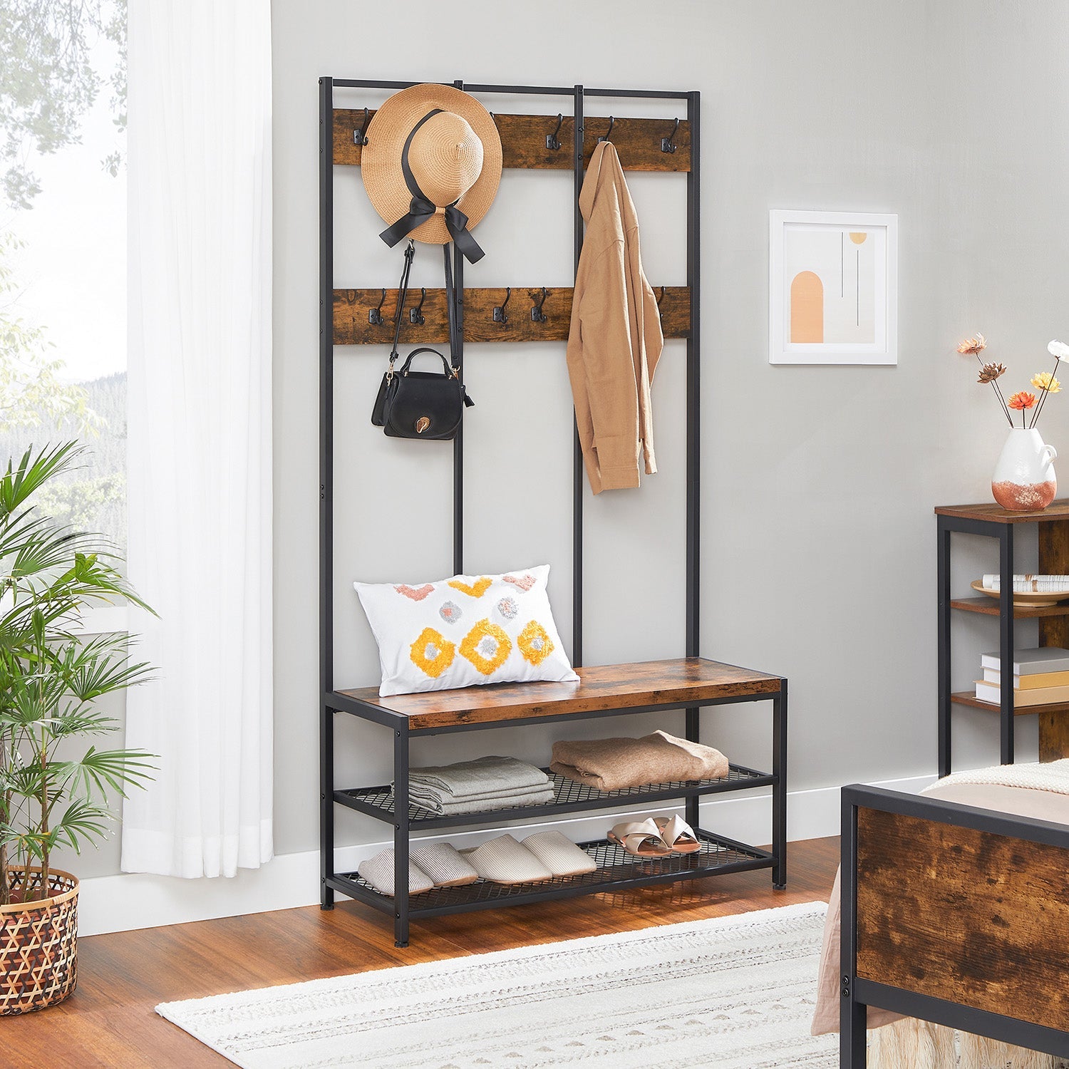 Large Coat Rack Stand – Iron – Industrial Design – 12 Hooks and Shoe Bench