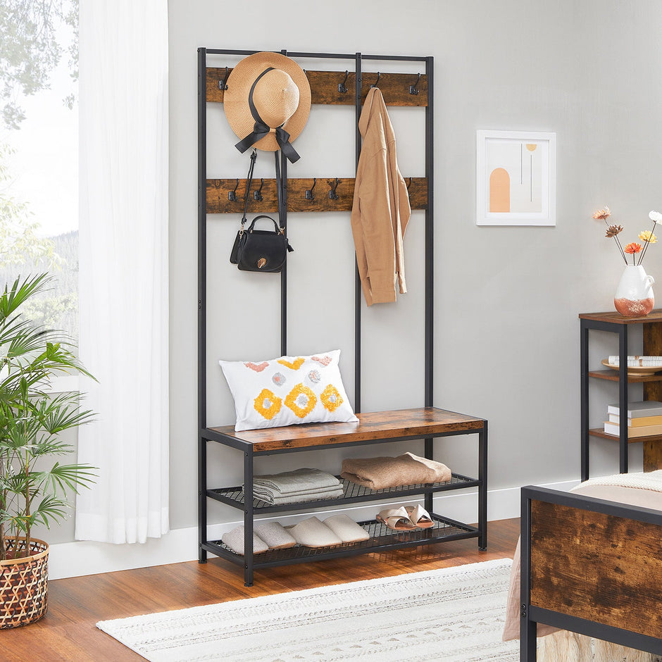 Large Coat Rack Stand – Iron – Industrial Design – 12 Hooks and Shoe Bench