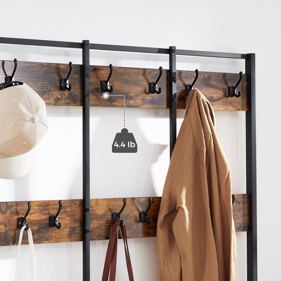 Large Coat Rack Stand – Iron – Industrial Design – 12 Hooks and Shoe Bench