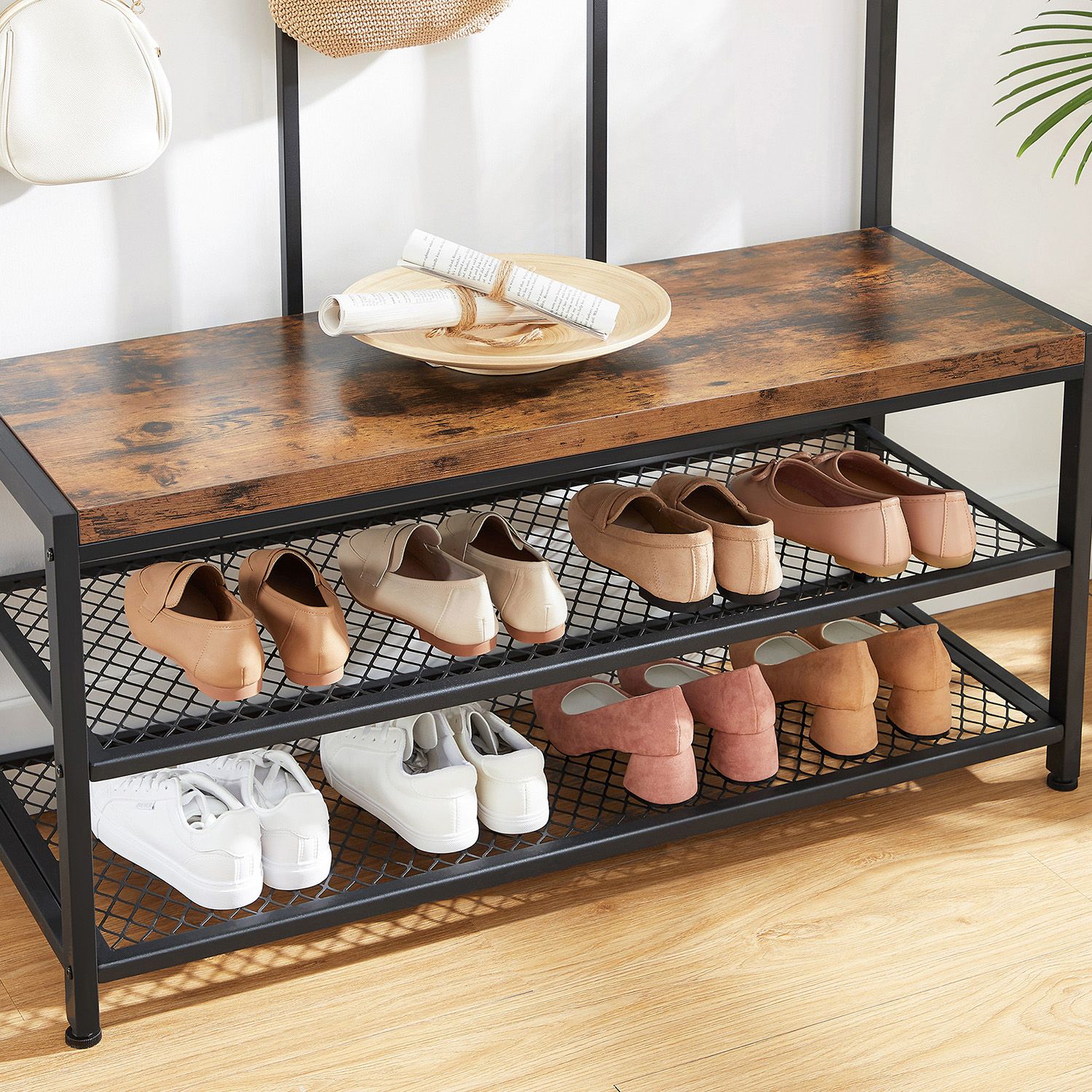 Large Coat Rack Stand – Iron – Industrial Design – 12 Hooks and Shoe Bench