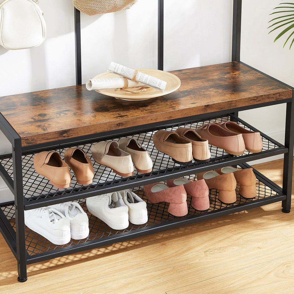 Large Coat Rack Stand – Iron – Industrial Design – 12 Hooks and Shoe Bench
