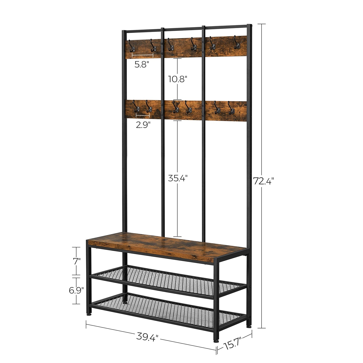 Large Coat Rack Stand – Iron – Industrial Design – 12 Hooks and Shoe Bench