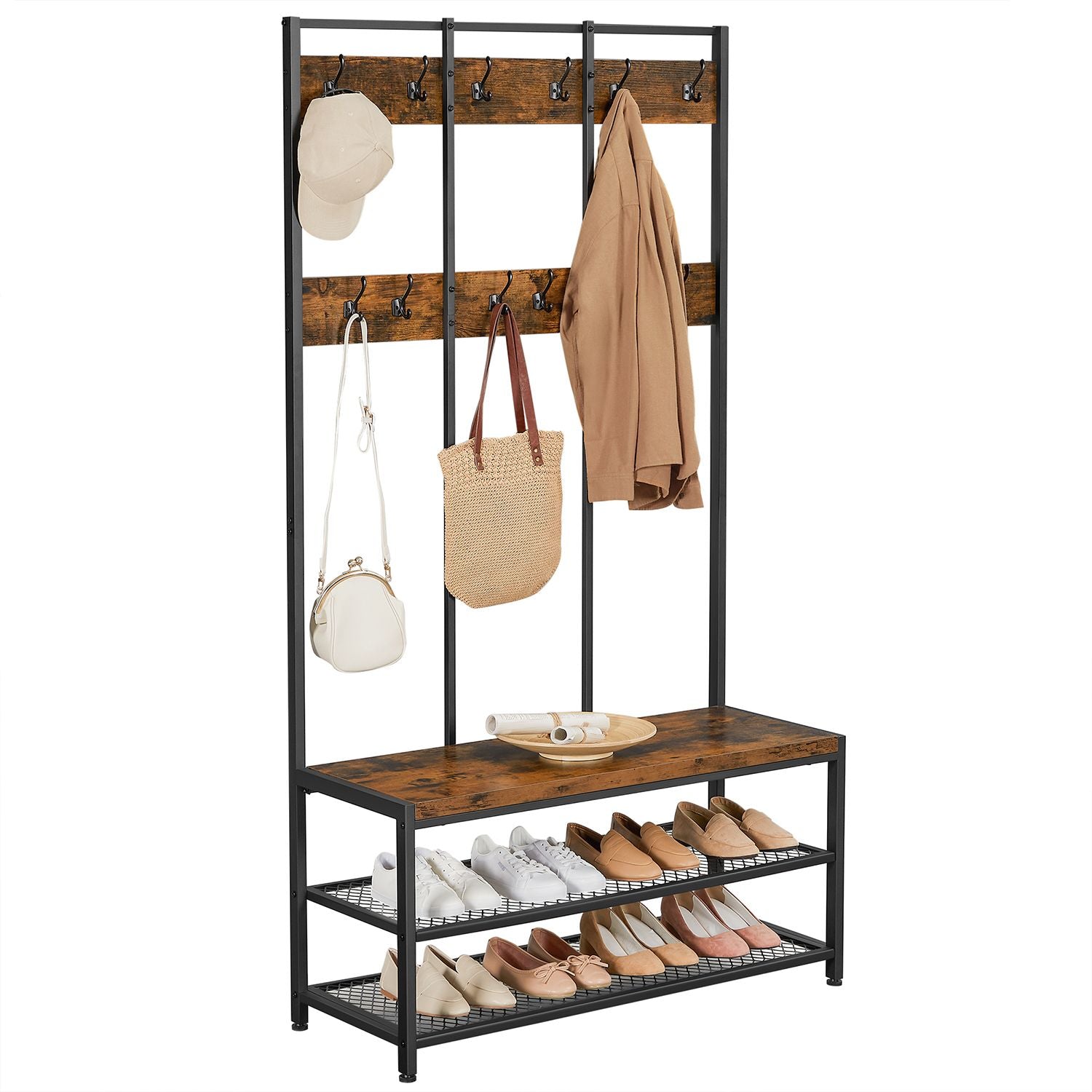 Large Coat Rack Stand – Iron – Industrial Design – 12 Hooks and Shoe Bench