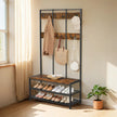 Coat and Shoe Rack – Iron – Brown – Multifunctional Design with Bench and 12 Hooks