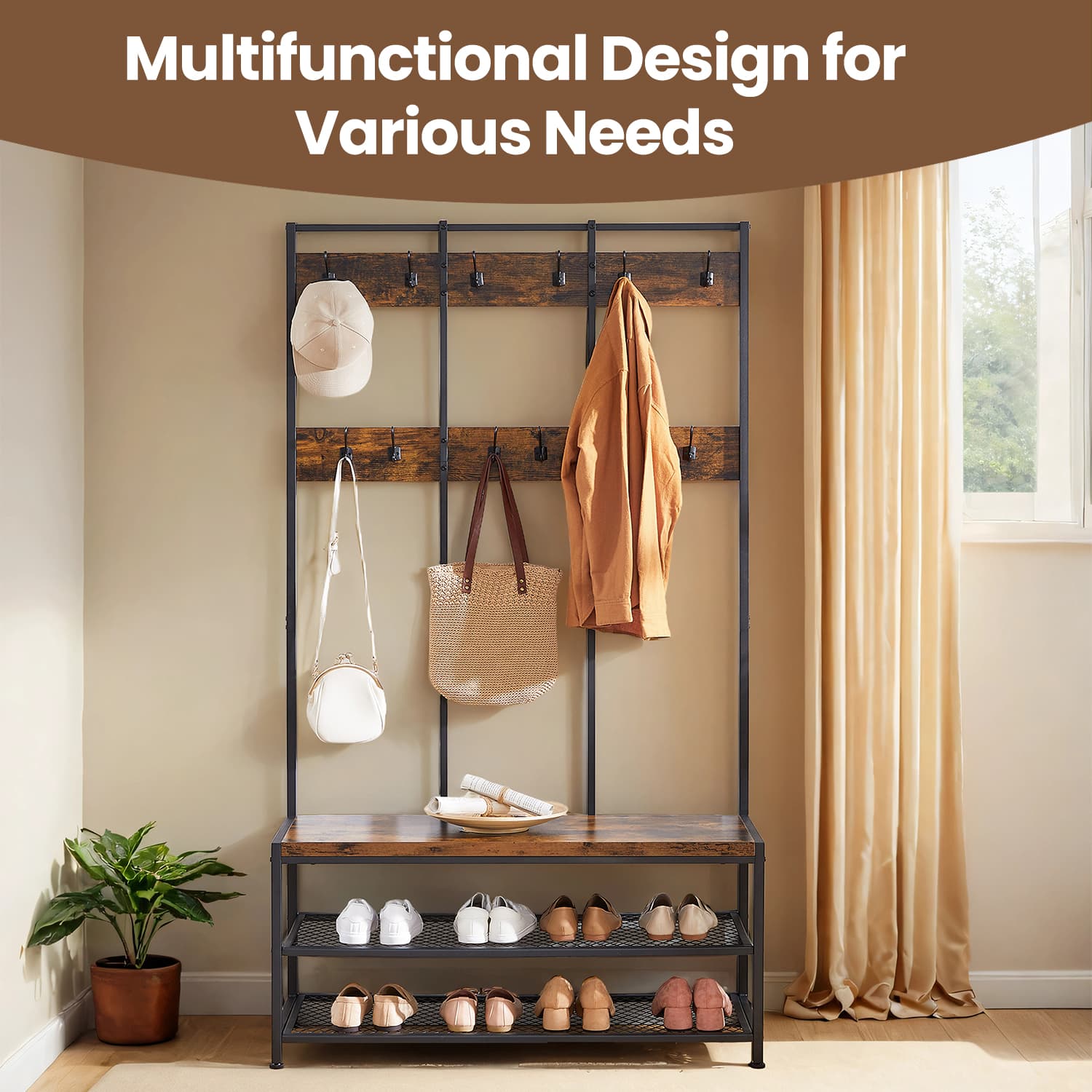 Coat and Shoe Rack – Iron – Brown – Multifunctional Design with Bench and 12 Hooks