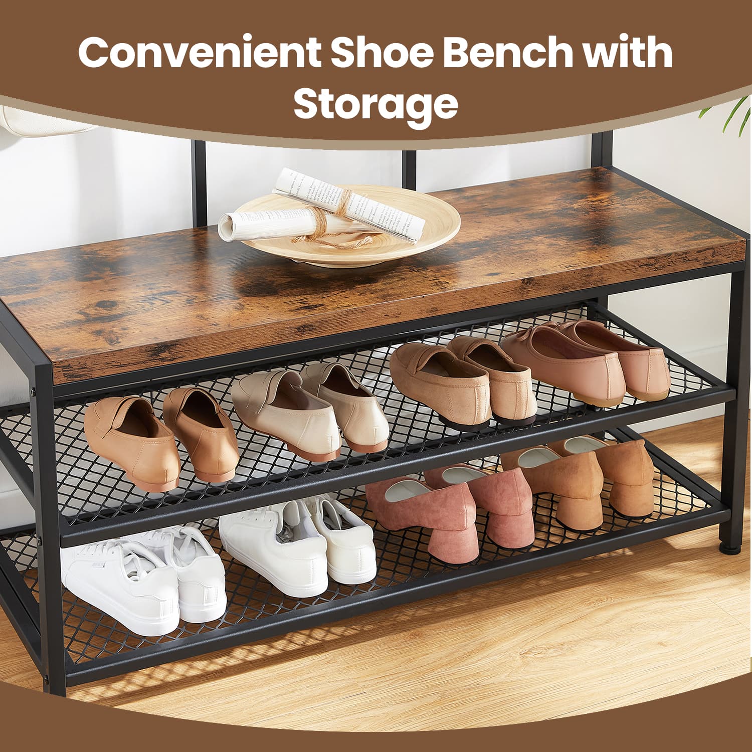 Coat and Shoe Rack – Iron – Brown – Multifunctional Design with Bench and 12 Hooks