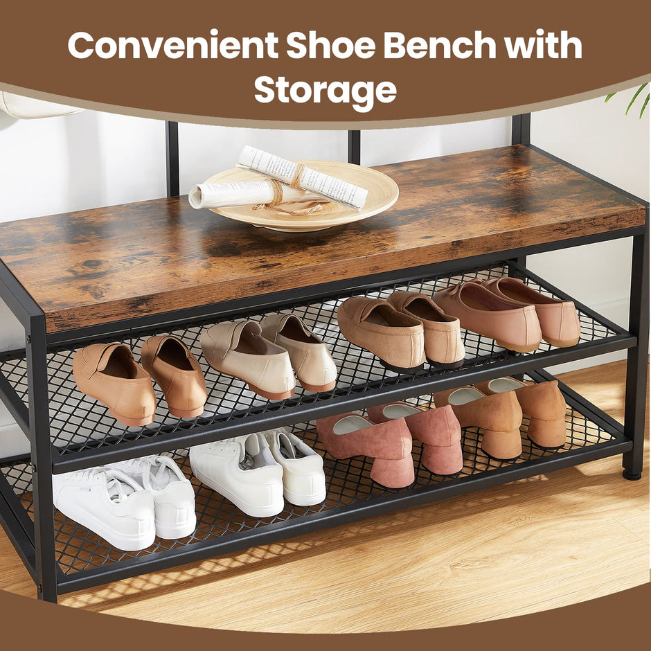 Coat and Shoe Rack – Iron – Brown – Multifunctional Design with Bench and 12 Hooks